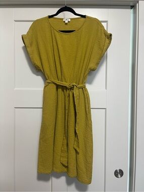Mustard Textured Belted Midi Dress with pockets